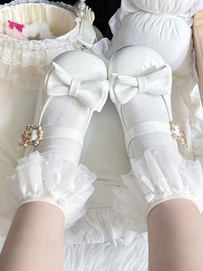 Janes Cat Lolita Clasp Details with Sweet White Low-heel Design Bow Mary