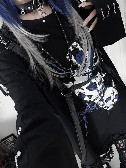 PU Subculture Print Top Heart with Straps Accents Chain Punk Blue Cuff Long-Sleeve Black
