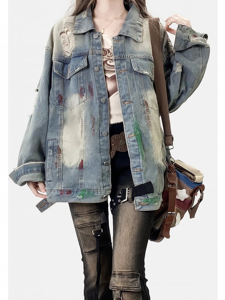 Design Jacke Löcher Distressed Details Blau Print Light Denim