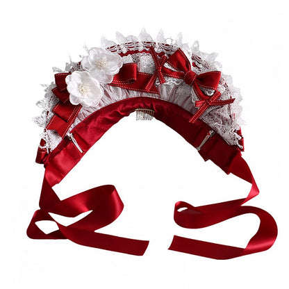Lace-Trimmed Floral Bowknot White Gorgeous And Lolita Red Bonnet