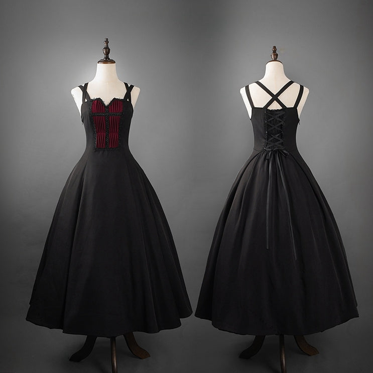 Red Pleated Bodice Black Gothic Lolita Jumper Skirt