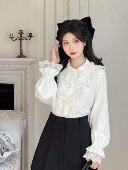 詳細 ブラウス ホワイト シフォン レーストリム 蝶結び フリル
