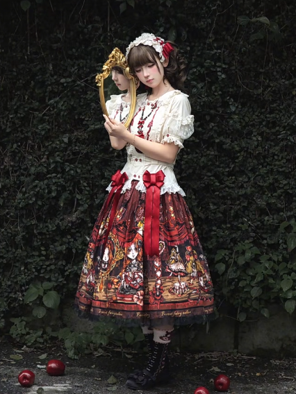Red Shoes Story Black Red Lace Trimmed Lolita Skirt - Forest Fairy Tales