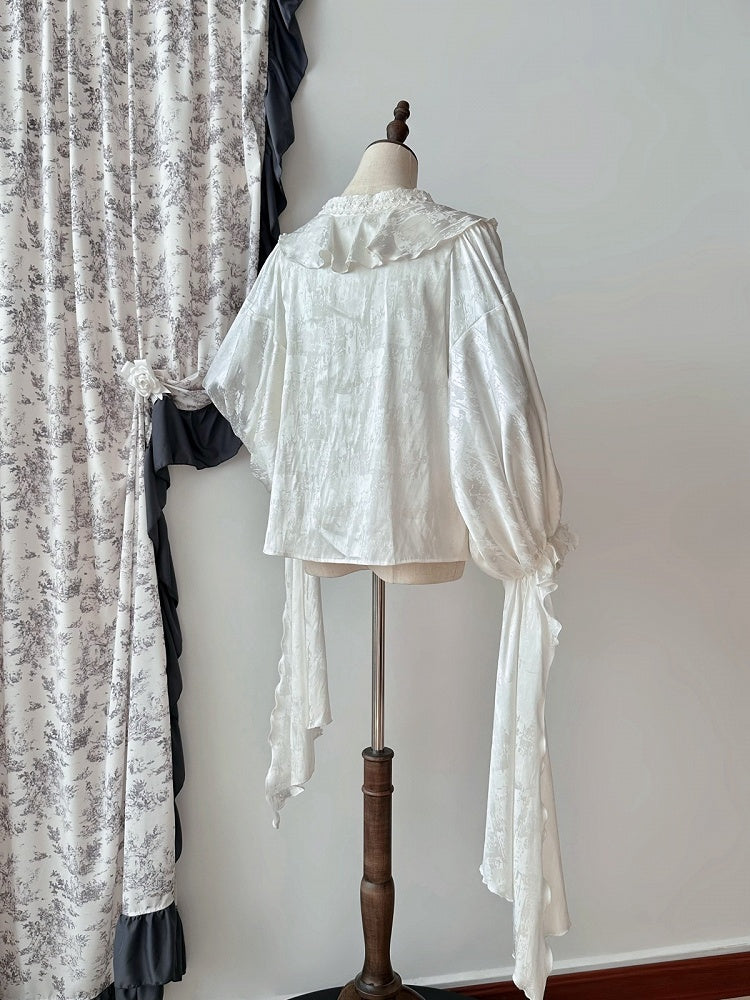 Lange Rüschenärmel V-Ausschnitt Shirt Gothic Weiß Strukturiert Lolita