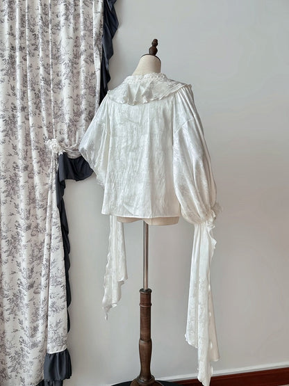 Long Ruffles Sleeves V-neck Shirt Gothic White Structured Lolita