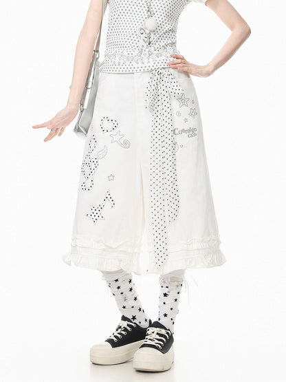 White Musical Note Cropped Wide-Leg Pants with Ruffle Hem - Languid Park