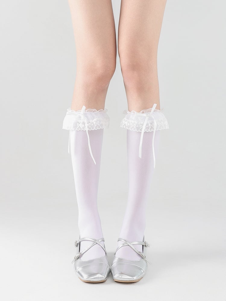 Lace with Socks Black/Creamy Calf Trim Lolita Decoration White/White Bow