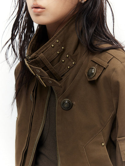 Khaki Cinching Vintage Jacket Fleece Lining Waist - Mock Neck