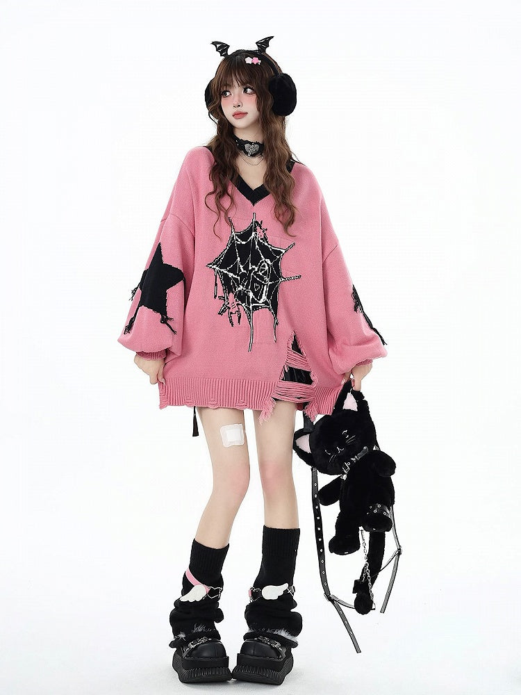 Web Spider Holes Pattern Sweater Hem Distressed Pink