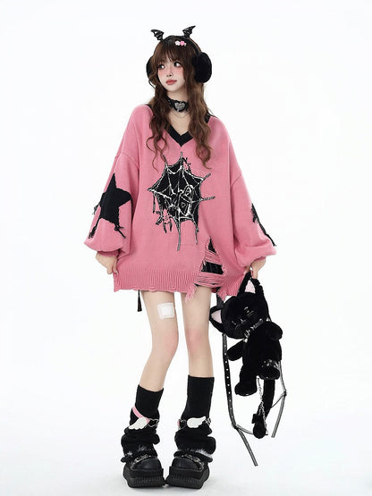 Web Spider Holes Pattern Sweater Hem Distressed Pink