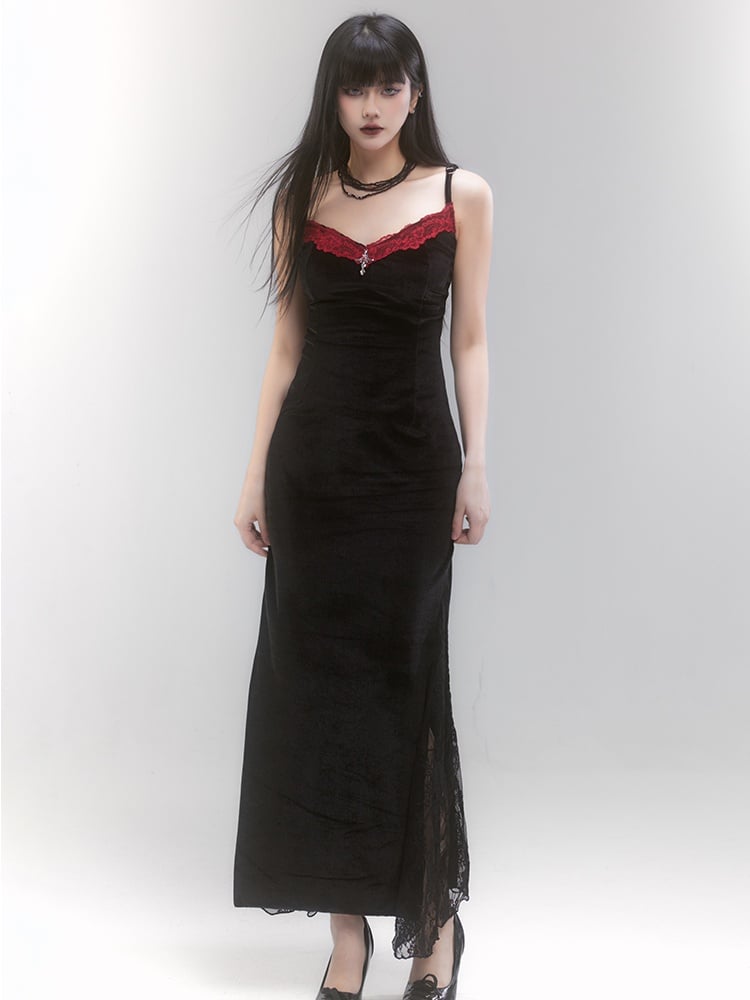 Gothic Black Cross Detail Red Lace Trim Spaghetti Strap Dress