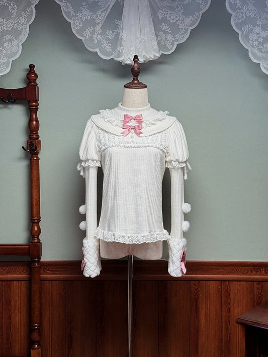 and Bows Sleeves Top Pink with Knitted Long White Pom-poms