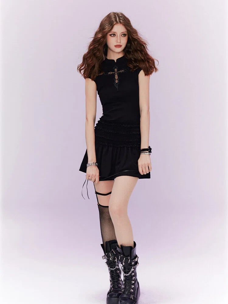 Dress Embroidery Cheongsam / Applique Black Cross with White Organza