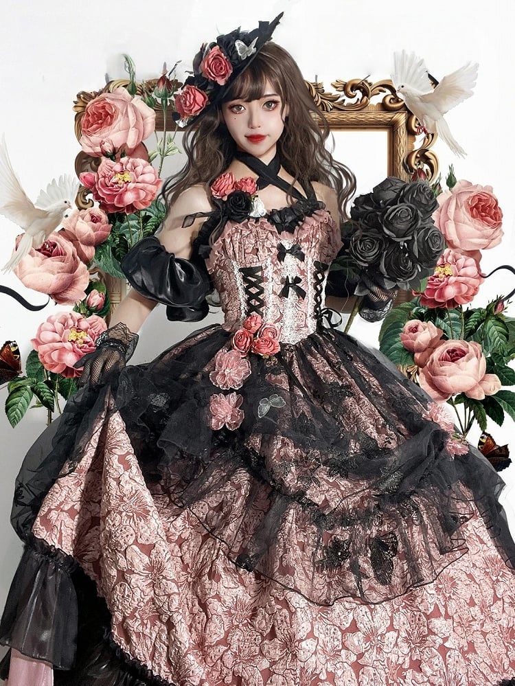 Floral Dark Bow Hime Details Dress Black Hanayome-style Pink Lace and Lolita with Embossed
