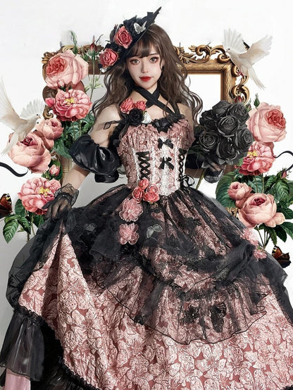 Floral Dark Bow Hime Details Dress Black Hanayome-style Pink Lace and Lolita with Embossed