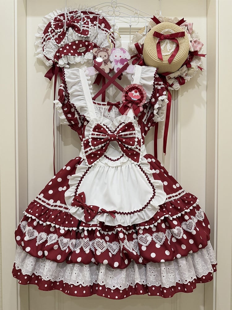 Red Dress Neckline Lolita White Short Polka Apron Sleeves Square Dots with