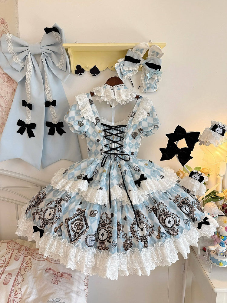Blue White Diamond Sweet Lolita OP Dress with White Apron - Untitled Heartbeat