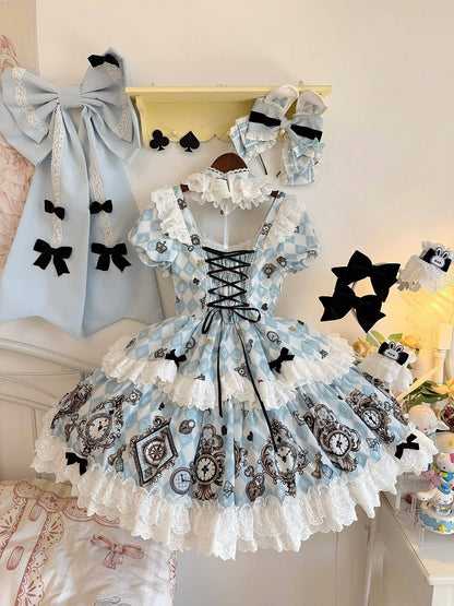 Blue White Diamond Sweet Lolita OP Dress with White Apron - Untitled Heartbeat