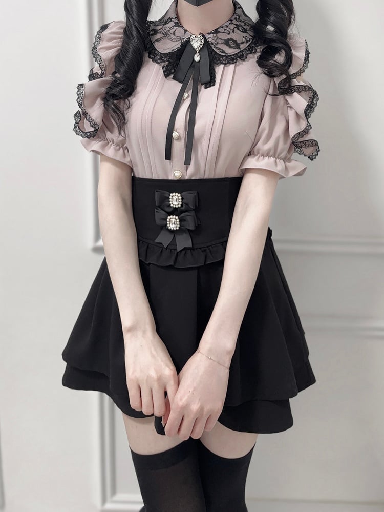 Schleife Dusty Collar Peter Bluse mit Spitze Pink Pan Cutout Trim Schulter Jirai Tie Kei