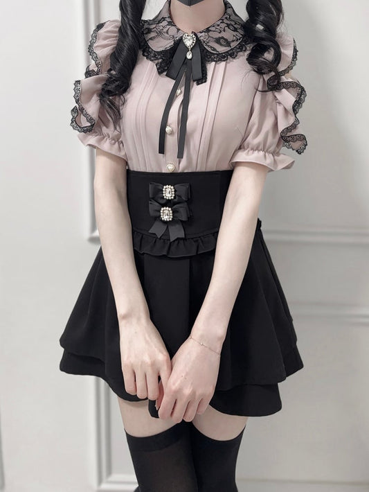 Bow Dusty Collar Peter Blouse with Lace Pink Pan Cutout Trim Shoulder Jirai Tie Kei