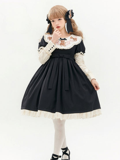 Black Neckline Embroidered Lolita Bear Lace Sweet Trim Teddy Sleeves Puff Dresswith