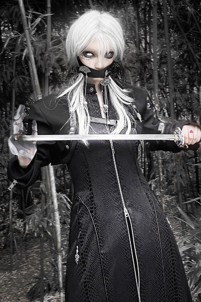Black Unisex Gothic Snakeskin-Grain Long Coat with False Two-Piece Design & Dual Zips - Wu Xiang Gui Shi