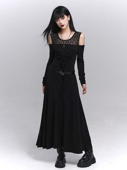 Gothic with Black Two-Piece Neckline Lace Embroidered Dress Faux