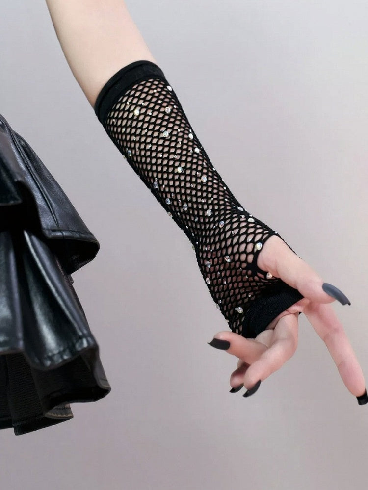 Punk Black Fishnet Gloves with Rhinestone Accents - Mr. Cat