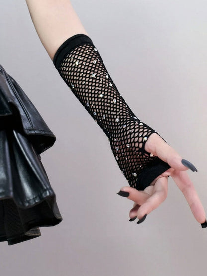 Punk Black Fishnet Gloves with Rhinestone Accents - Mr. Cat