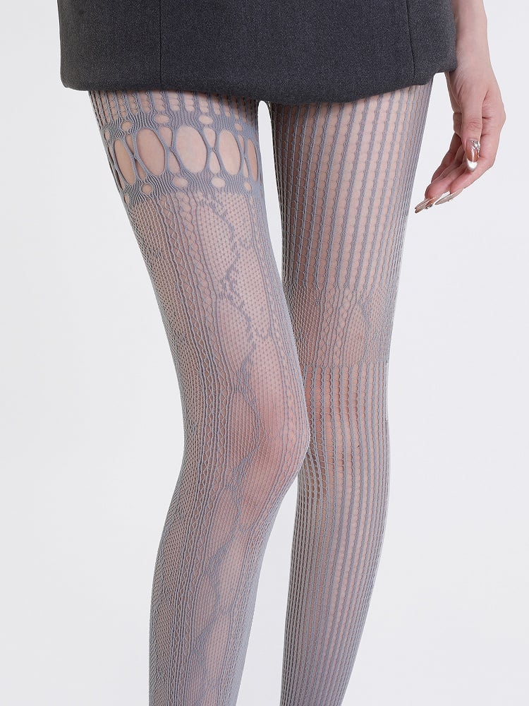 White/Gray Asymmetrical Lace Tights Fishnet Design Cut-Out