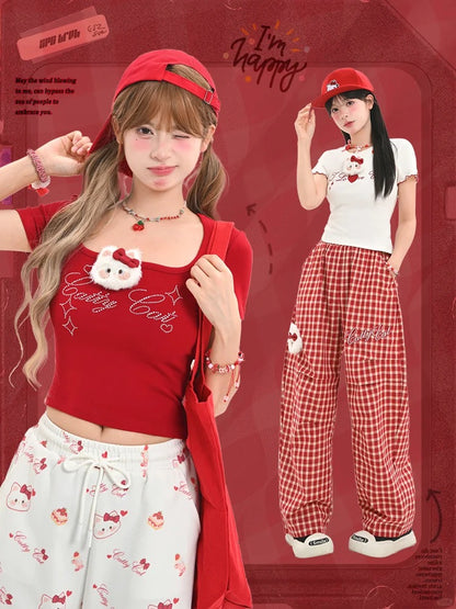 詳細 取り外し可能なキティのぬいぐるみネックラインストーンレッドスクエア付きTシャツ