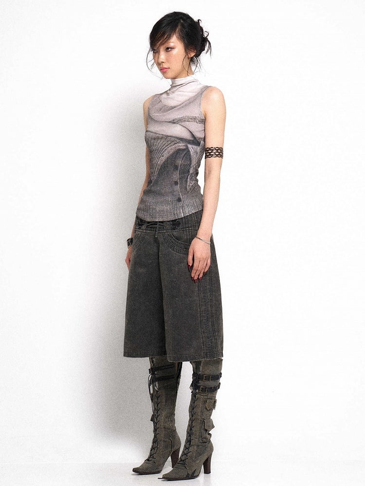 Vest Neck Knit Grey Mock