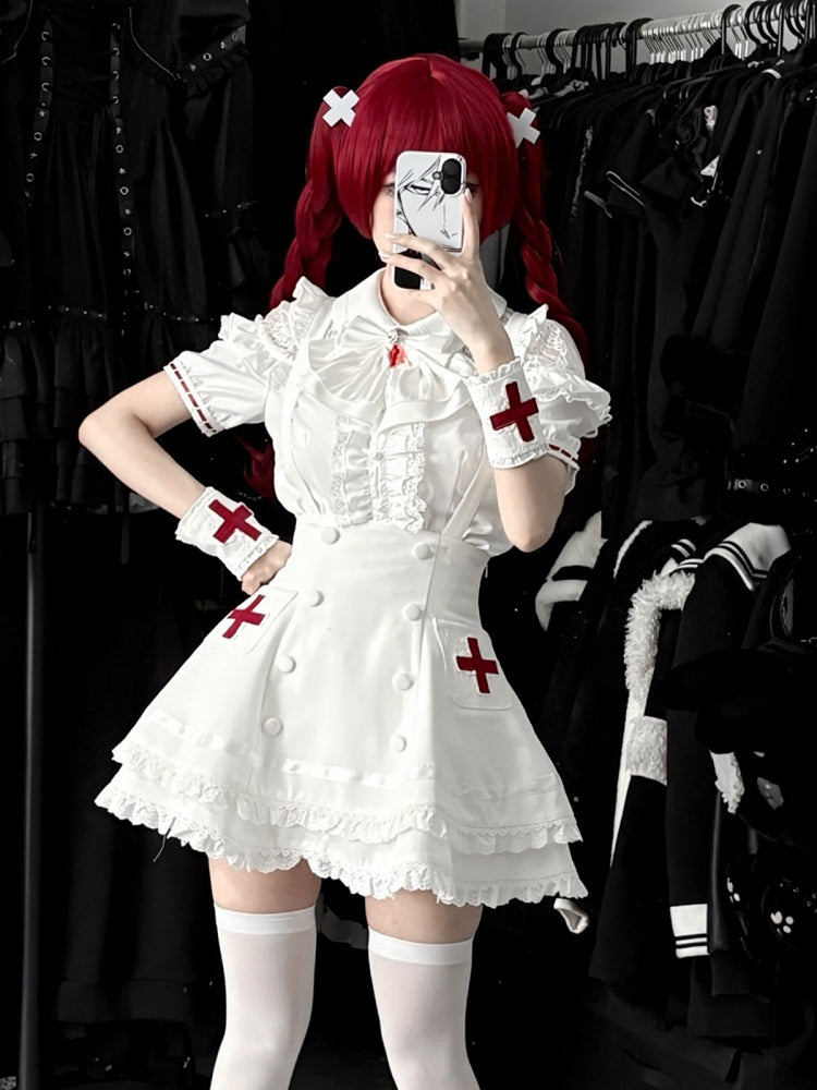 White Lace Blouse & Skirt Set with Straps & Bow - Shi Zhai Xin
