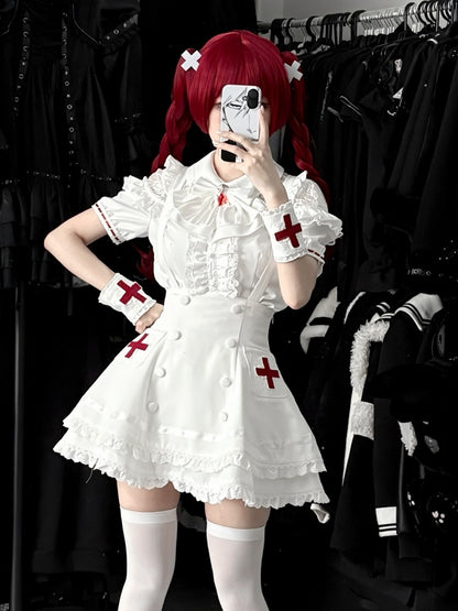 White Lace Blouse & Skirt Set with Straps & Bow - Shi Zhai Xin
