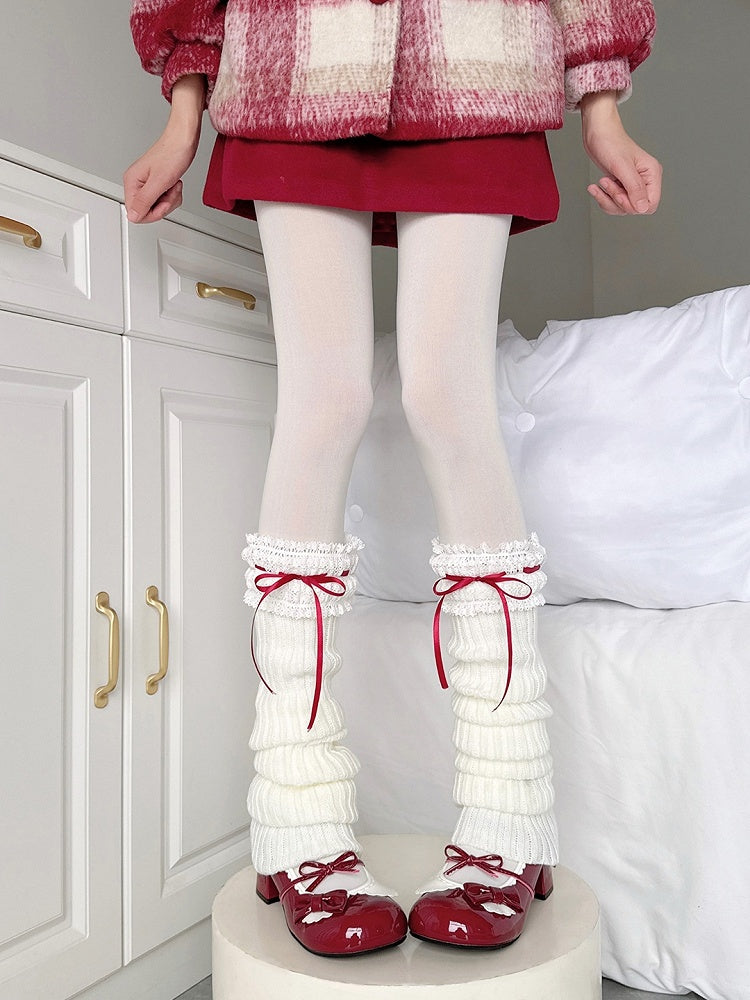 Red White Knitted Warmers with Bow 70CM Decorations Ruffle Leg