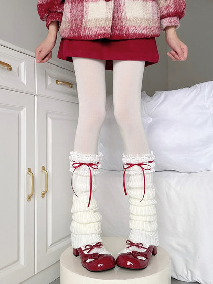 Red White Knitted Warmers with Bow 70CM Decorations Ruffle Leg