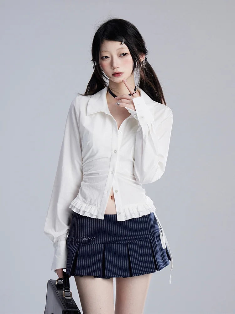 Marineblauer Rock mit Streifenmuster, niedrige Taille, adrette JK-Uniform, Kellerfalten-Minirock