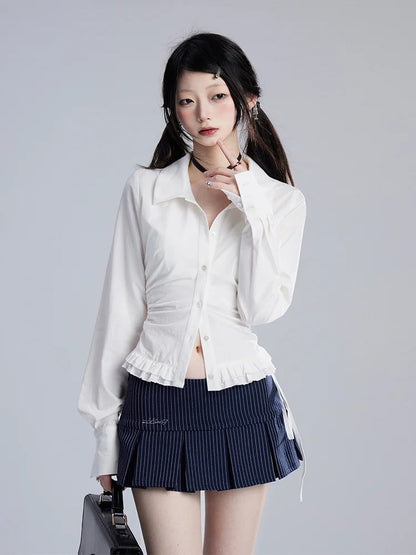 Marineblauer Rock mit Streifenmuster, niedrige Taille, adrette JK-Uniform, Kellerfalten-Minirock