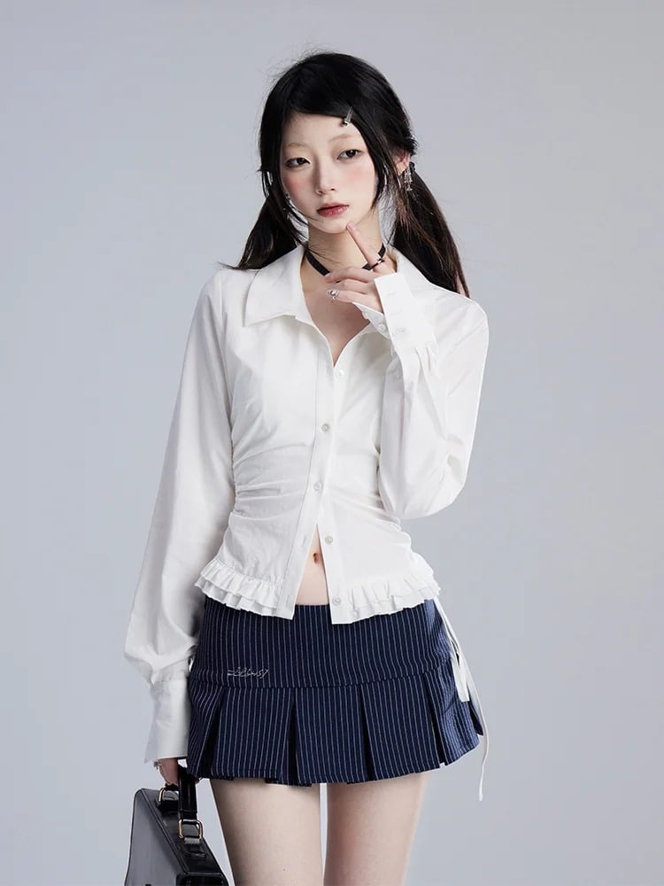 シャツ ホワイト ルーシュウエスト フリル裾 スリムフィット