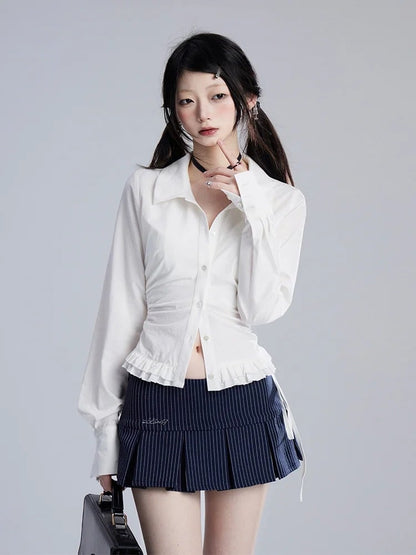 シャツ ホワイト ルーシュウエスト フリル裾 スリムフィット
