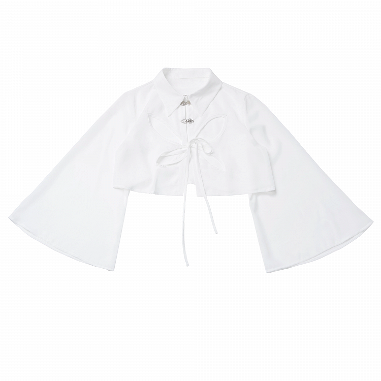 ボタンスタイルシャツ チャイナドレス 蝶型カットアウト ホワイト シースルー シフォン ノット ショートバージョン