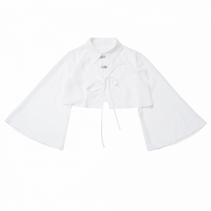 ボタンスタイルシャツ チャイナドレス 蝶型カットアウト ホワイト シースルー シフォン ノット ショートバージョン