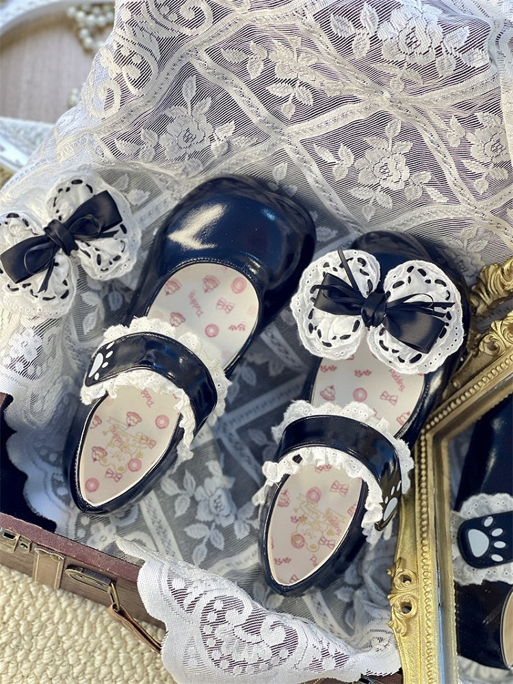 Print PU Toe Bow Sweet with - Janes Black Lolita Heel Low/Mid Mary Paw Round Detachable