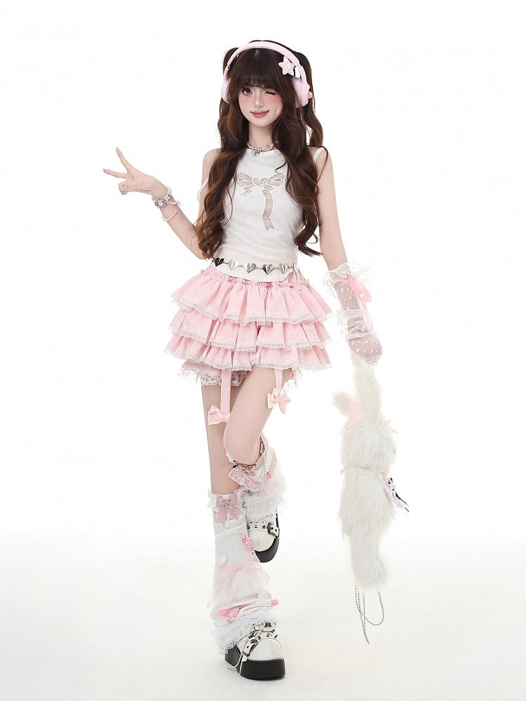 Detachable Trim Pink Charm Tiered Skirt Lace with Bow Ruffle White Y2K