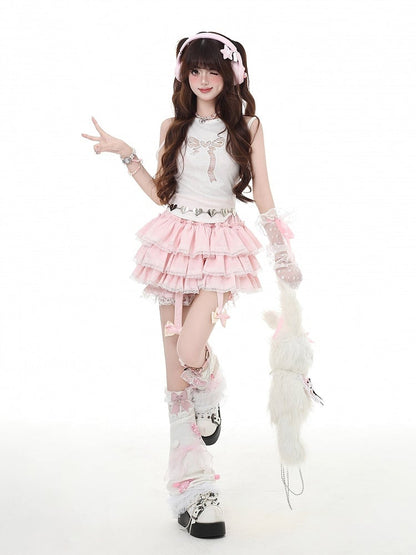 Detachable Trim Pink Charm Tiered Skirt Lace with Bow Ruffle White Y2K