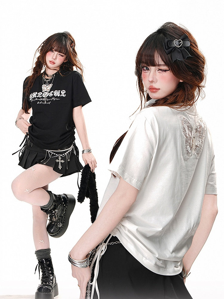 Schwarz/weißes, schmetterlingsförmiges, Ausschnittdetail, Kordelzug in der Taille, glamouröses T-Shirt