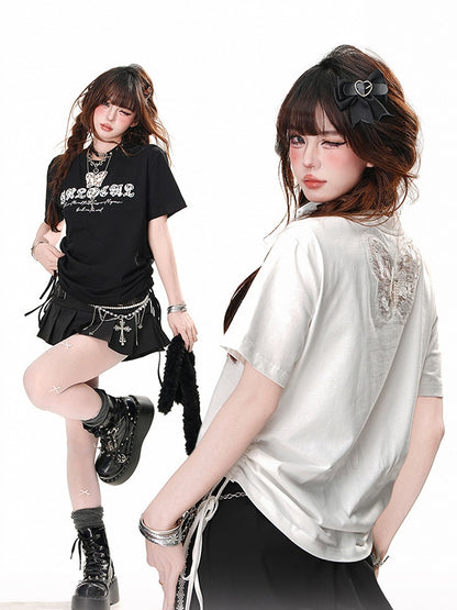 Schwarz/weißes, schmetterlingsförmiges, Ausschnittdetail, Kordelzug in der Taille, glamouröses T-Shirt