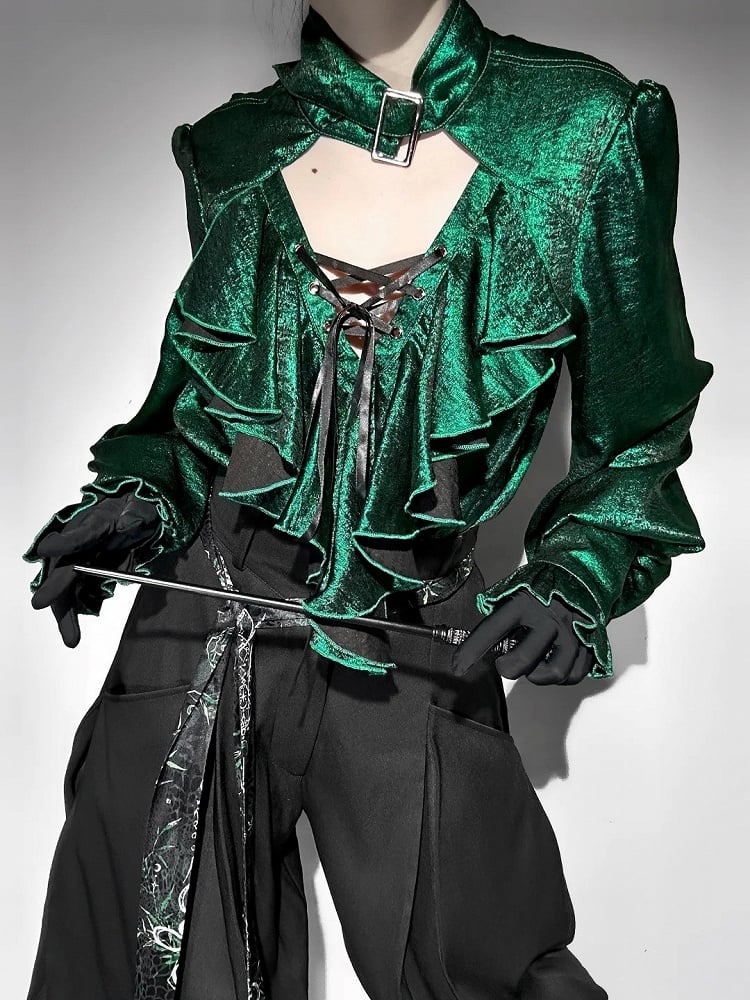 Pirate Bodice Long Cascading Shirt Ruffle Sleeves Green Ouji Lolita Vibes