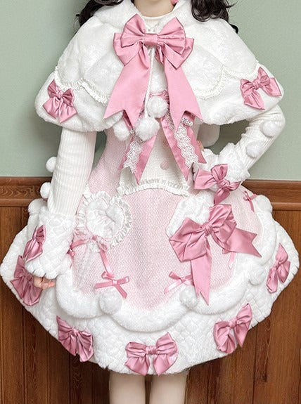 Rosa-weißer Umhang mit Pompons, Lolita-Häschenschleifen und Ohren mit Kapuze
