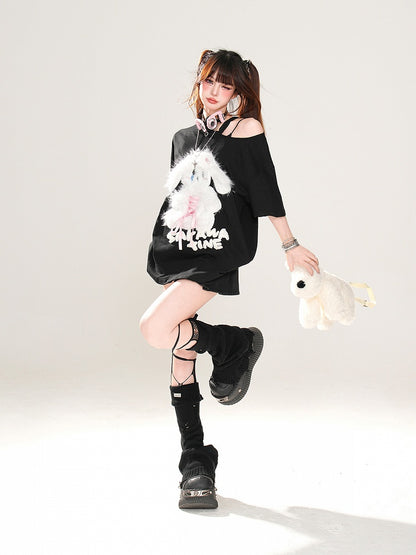 Plush Bunny Applique Criss-cross Design Cutout Shoulder Pink/Blue/Black Loose T-Shirt